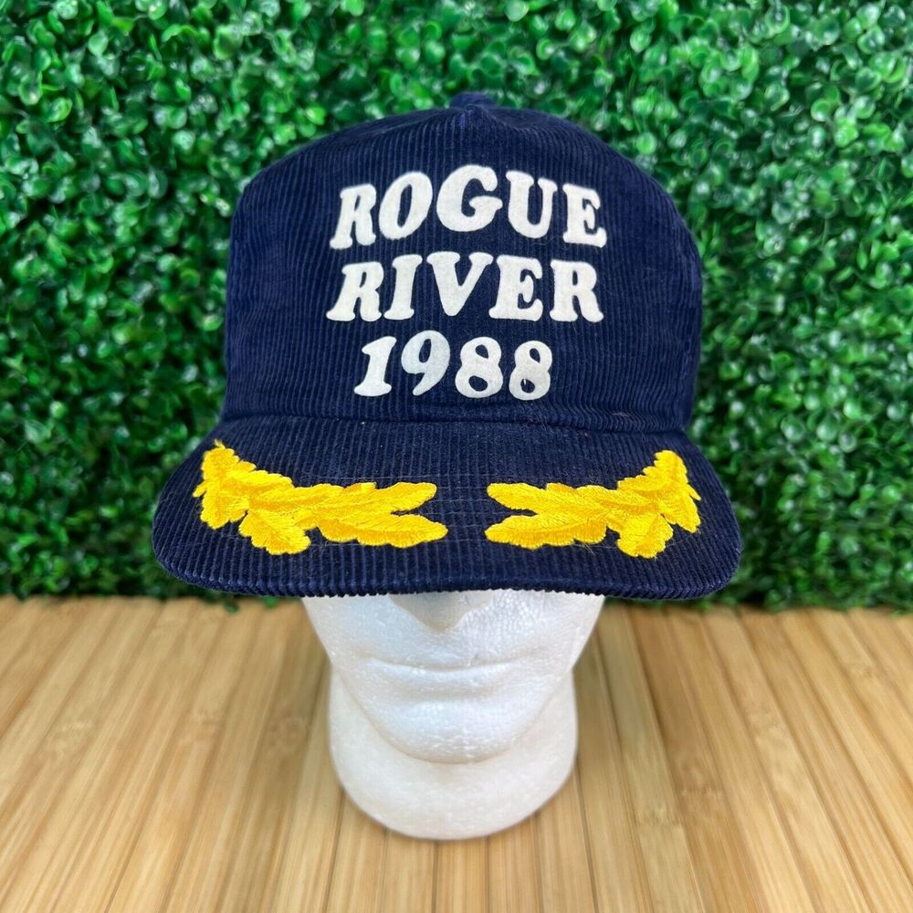 Vintage 1988 Rogue River Mens Hat Made in Korea Corduroy 80s Navy Blue Cap